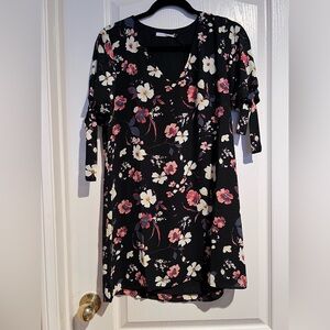 Cute Floral Black Mini Dress With Pink & White Accents NWT XS Made in USA